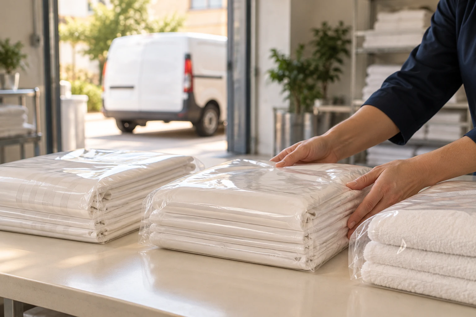 Teslimata hazırlanmak üzere paketlenen temiz tekstiller